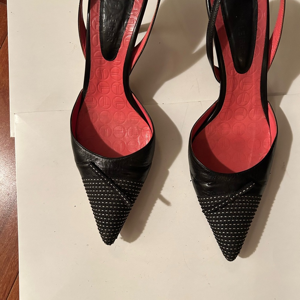 Judith Leiber Black and Pink Slingback Heels with Stitching Detail